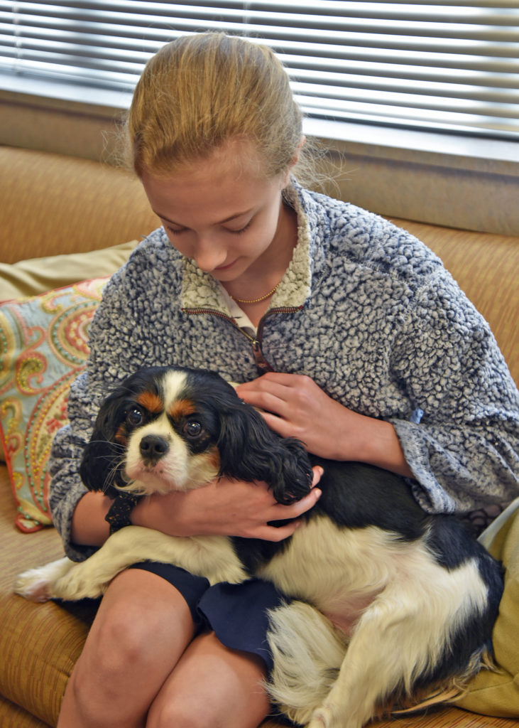 A girl student sitting on a couch holding a dog at River Oaks Baptist School
