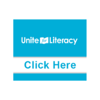 A blue and white sign that says Unite for Literacy, Click Here