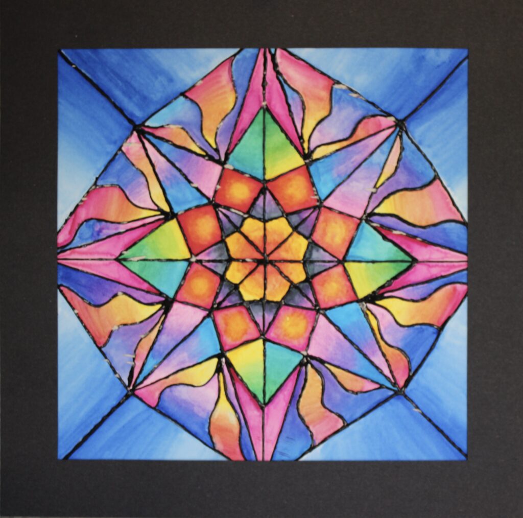 A painting of a colorful geometric design on a black background