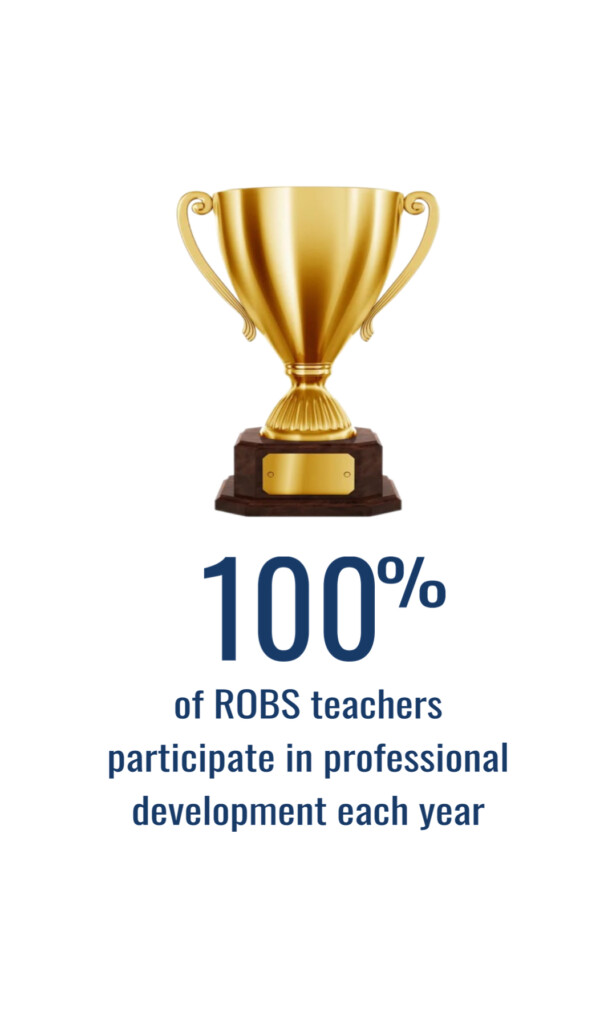A gold trophy with the words "100% of ROBS teachers participate in professional development each year"