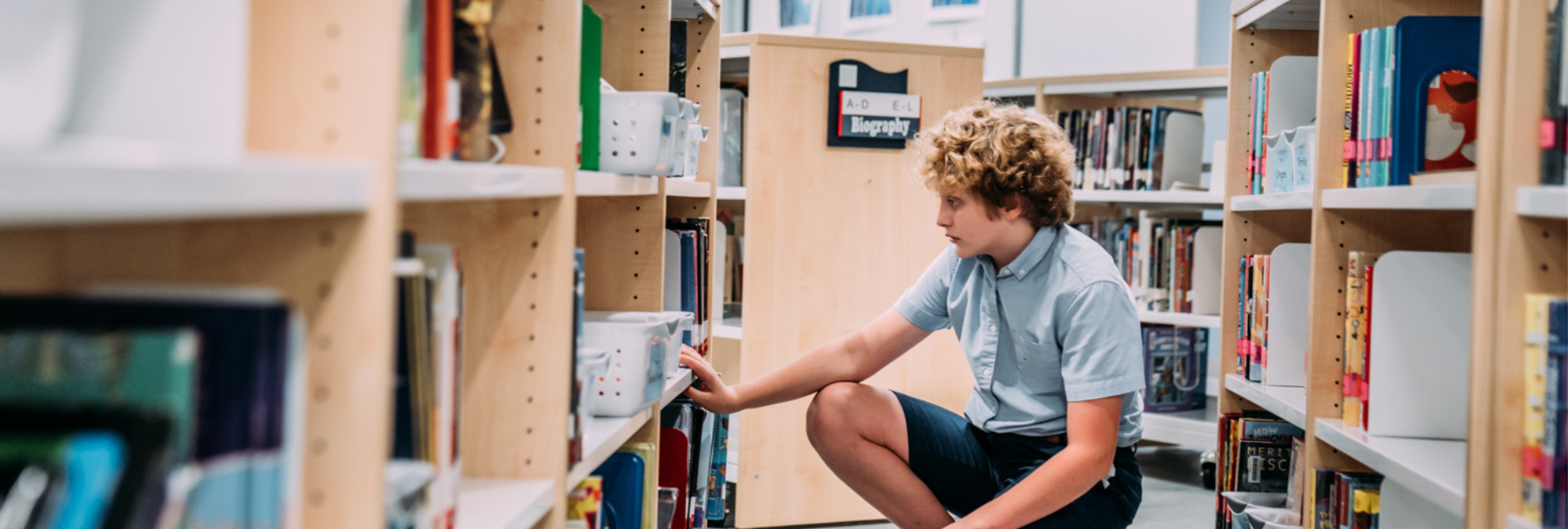 A boy squatting on a bookshelf in a library at River Oaks Baptist School